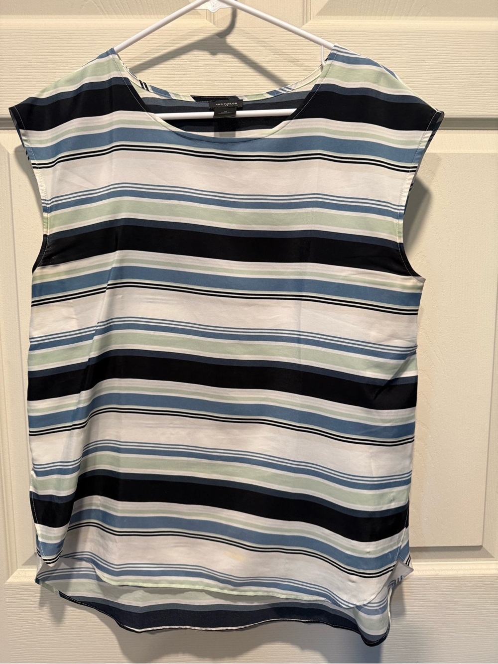 Ann Taylor Striped Cap-Sleeve Top in Navy, White, Light Blue and Sage